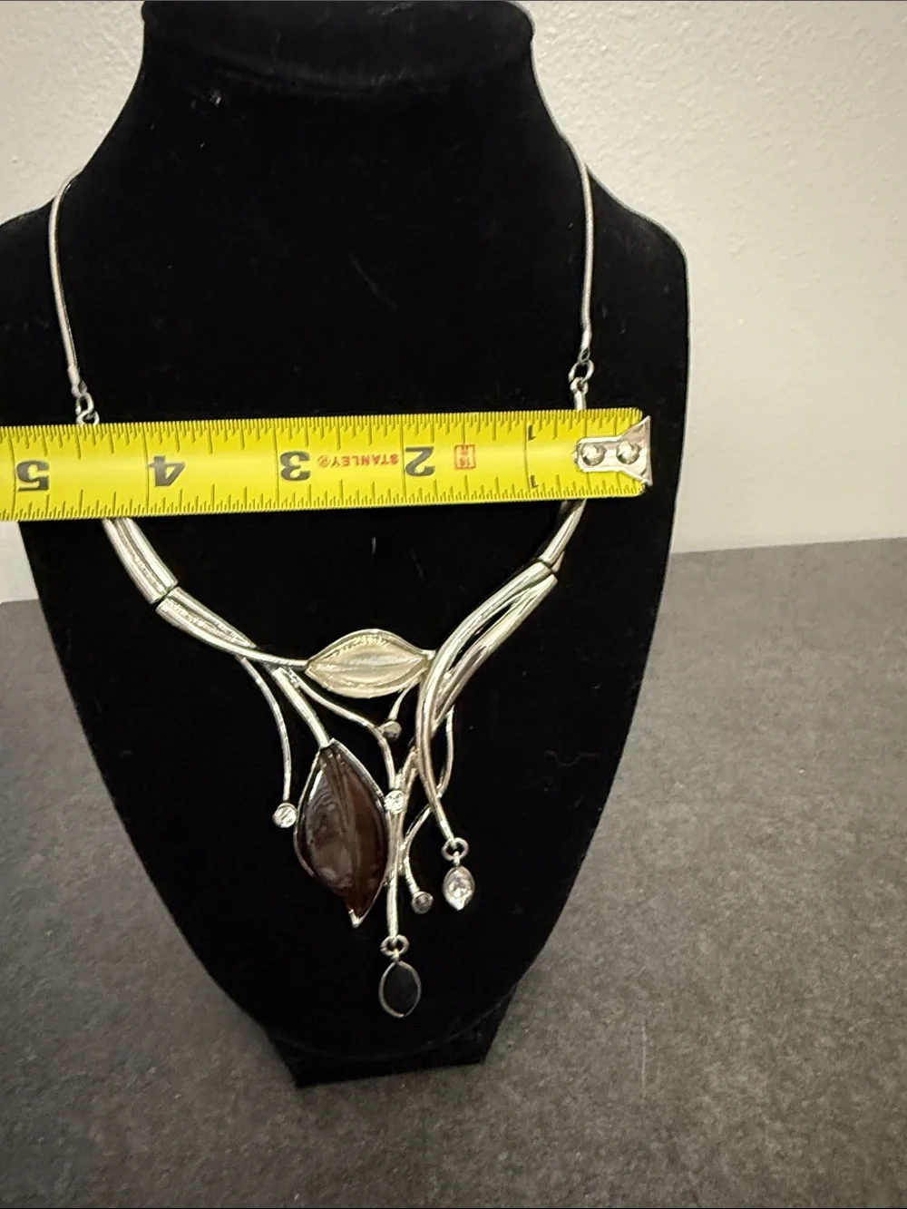 Silver Leaf Drop Necklace with Smoky Accent